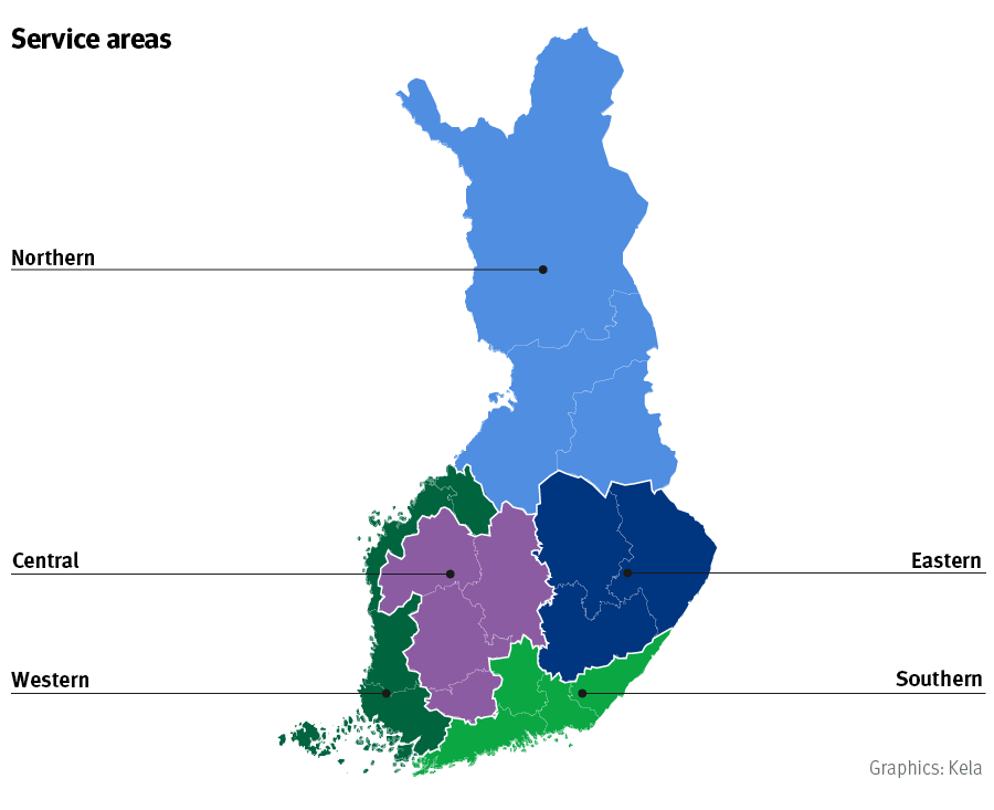 A map of Finland where Kela divides customer service units into five color-coded regions.